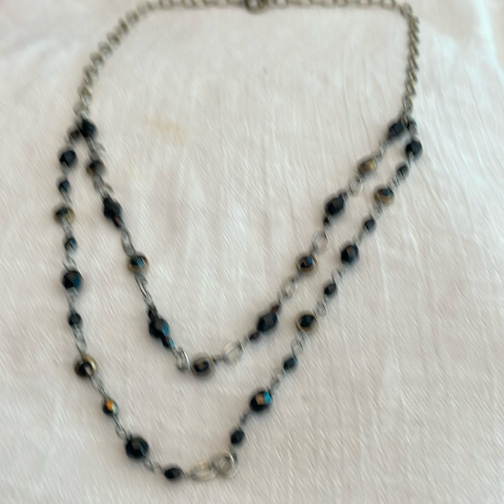 Vintage black blue glass connector multi chain two tone necklace toggle clasp